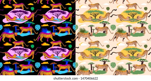 Fashion trend of the season. Seamless pattern of wild cats. Set for printing on fabric.