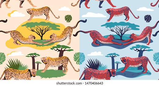Fashion trend of the season. Seamless pattern of wild cats. Set for printing on fabric.