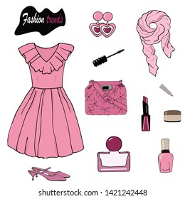 Fashion trends: amazing outlook in pink pastel colours for vacation, travelling. Isolated objects on white background: pink dress with ruffles, frills, heart-shaped earrings, bag, scarf, make-up kit. 