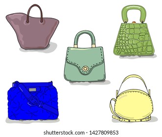 Fashion trends: awesome bags in pastel yellow, bright green, dark blue colours for traveling and vacation. Isolated objects on white background. Vector