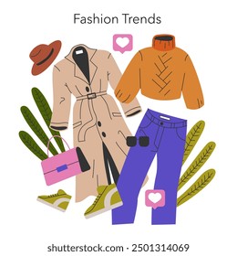 Fashion Trends concept. Stylish collection of garments showcasing contemporary wardrobe must-haves. Trendy clothing and accessories arrangement. Vector illustration.