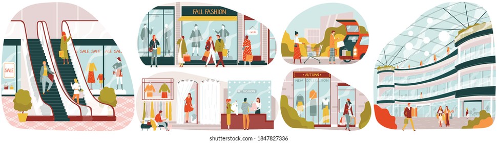 Fashion trends fall autumn, winter clothing set for infographic vector illustration. Fashionable style women and men in trendy clothes, in mall, on street, shopping. Fall fashionable collection.