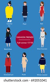 Fashion trends fall winter season 2017-2018. Infographic. Vector poster with hand drawn style fashionable women in trendy clothes