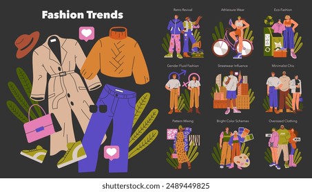 Fashion Trends set. A colorful expression of modern style, featuring retro, athleisure, eco-friendly, gender fluid, and minimalist themes. Vector illustration.