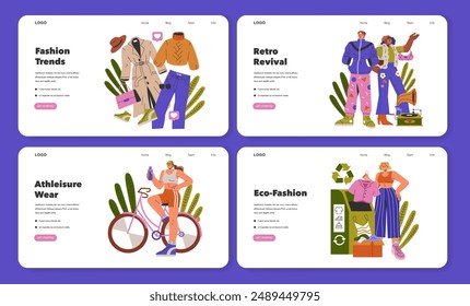 Fashion Trends set. Current style essentials and nostalgic outfits paired with modern casual and sustainable choices. Sporty to vintage fashion scenes. Vector illustration.