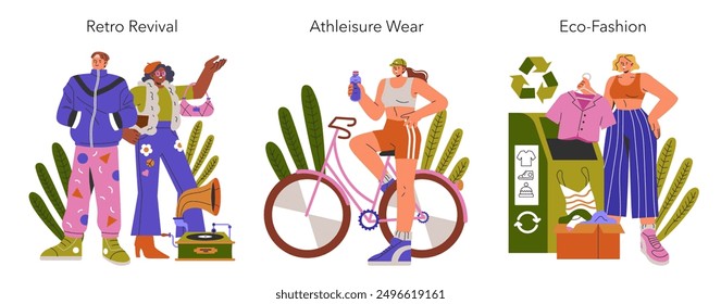 Fashion Trends set. Diverse styles reflecting Retro Revival, Athleisure Wear, and Eco-Fashion. Illustrated characters showcasing trendy outfits and accessories. Vector illustration.