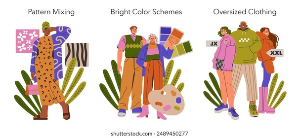 Fashion Trends set. Exploring pattern mixing, bright color schemes, and oversized clothing styles. Modern attire choices, bold fashion statements. Vector illustration.