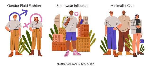 Fashion Trends set. Gender Fluid, Streetwear Influence, and Minimalist Chic styles. Diverse looks representing current fashion movements in urban environments. Vector illustration.