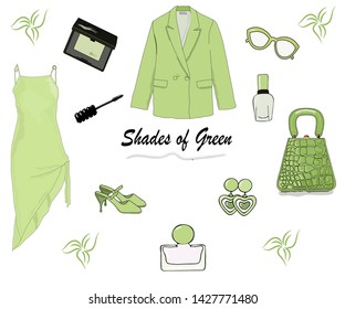 Fashion trends: soft shades of green in trendy clothes: jacket, evening tie dress, shoes, bag, and accessories: glasses, earrings, in cosmetic,​ eyeshadow, perfume and polish.