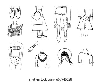 Fashion trends in women's clothing. Street outfit. Casual style. Hand drawn vector illustration.