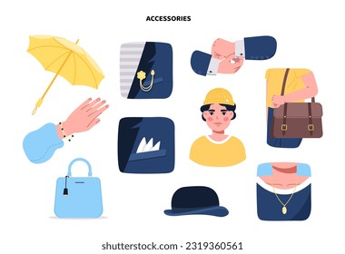 Fashion and trendy accesories set. Bag, bracelet, cufflink, necklace and yellow umbrella. Aesthetics and elegance. Clothes and jewelry. Cartoon flat vector collection isolated on white background