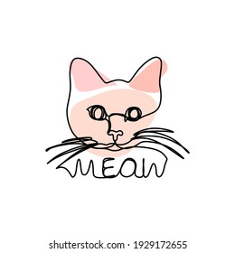 Fashion trendy one line cute cat illustration. Abstract modern cat. Image with the inscription meow. Suitable for prints, textiles, t-shirts, logos, web, banners, cards, invitations. Vector