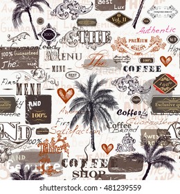 Fashion trendy pattern with retro labels, palms, ornament and spots in vintage authentic style