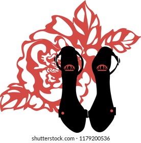 Fashion trendy silhouette black high heel shoes with rose on background. Stylish logo. Beautiful icon for any design