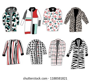 Fashion trendy women's coats with print for fall winter vector illustration set