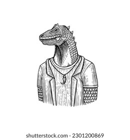 Fashion t-rex dinosaur or tyrannosaurus character in a suit. Teenager in a jacket. Animal in in youth Clothing. Vintage engraving style. Hand drawn sketch for typography, logo avatar or T-shirts.