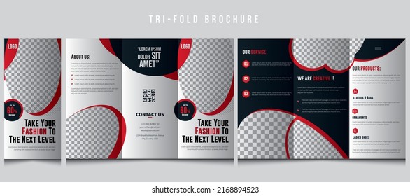 Folleto de la Moda Triple, plantilla de folleto comercial, diseño de folleto de color rojo, publicidad, folleto de la empresa, plantilla editable, folletos de las mujeres, diseño de folletos, volante para la comercialización,