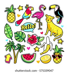 Parcelas tropicales de moda con frutas, leopardo, flamingo, tocan y otros elementos. Ilustración vectorial aislada en fondo blanco. Conjunto de stickers, pines, parches en el estilo de moda de los años 80-90.