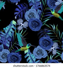 Fondo tropical de moda. Patrón floral sin foco con rosas de colibrí azul, hibiscos, orquídeas y hojas tropicales. Ilustración vectorial. Estilo moderno. Impresión de verano de la jungla