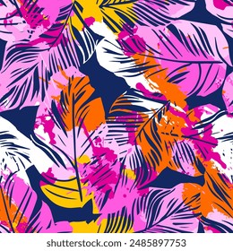 Fashion tropical bright wallpapers. Seamless pattern with leaves  and spots on dark blue background