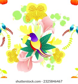 Fashion tropical flora, fruit, bridy and other elements. Vector illustration isolated on white background. Set of  seamless repeat pattern in beautiful color botanical garden style. Cannaceae flowers.