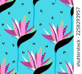 Fashion tropical funny wallpapers. Seamless pattern with leaf  and flowers on blue  background.
