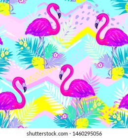 Fashion tropical funny wallpapers. Seamless pattern with leaf and flamingo on background. Summer style