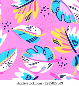 Fashion tropical funny wallpapers. Seamless pattern with leaf on pink  background.