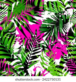 Fashion tropical grunge wallpapers. Seamless pattern with leaf on white background and pink spots.