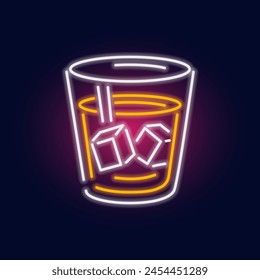 Fashion tropical neon sign. Glass of whiskey with ice, alcoholic drink. Night bright signboard, Glowing light. Summer logo, emblem for Club or bar concept