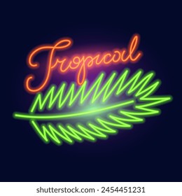 Fashion tropical neon sign. Night bright signboard, Glowing light leaf. Summer logo, emblem for Club or bar concept, palm tree