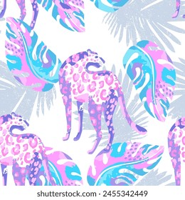 Fashion tropical pastel wallpapers. Seamless pattern with grunge palm leaves  and leopard on white background.