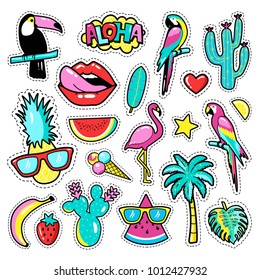 Fashion tropical patch badges with toucan, flamingo, parrot, exotic leaves, hearts, stars, lips, speech bubbles, pineapple. Vector illustration in cartoon 80s-90s style.