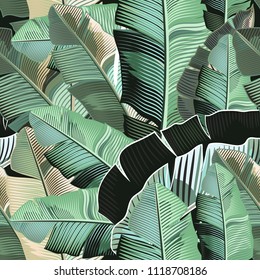 Fashion Tropical Pattern With Realistic Banana Green Leafs