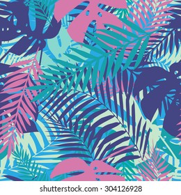 Fashion tropical seamless pattern. Colorful palm leaves. Modern trendy endless background. Vector.