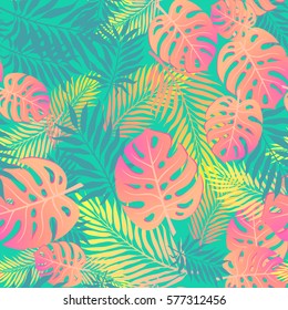 Fashion tropical seamless pattern. Colorful palm leaves. Modern trendy endless background.