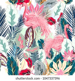 Fashion tropical vector artistic pattern with pink flamingo and tropical leafs