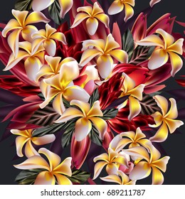 Fashion tropical vector pattern with yellow mango flowers  in vintage style