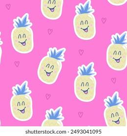 Fondos de pantalla divertidos de frutas tropicales de moda. Patrón sin costura de piña con cara linda sobre fondo rosa. Diseño de ilustración de verano brillante para niños, tela de bebé y decoración de impresión