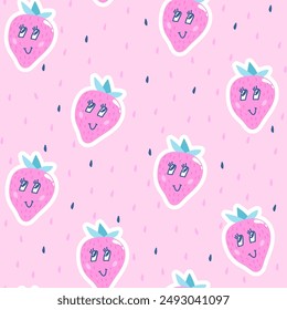 Fashion tropics fruit funny wallpapers. Seamless pattern of strawberry with cute face on pink background. Bright summer illustration design for kids, baby fabric and decor print