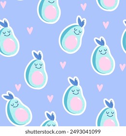 Fashion tropics fruit funny wallpapers. Seamless pattern of avocado with cute face on lilac background. Bright summer illustration design for kids, baby fabric and decor print