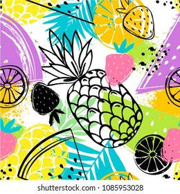 Tópicos de moda y divertidos papeles de pared. Patrón sin foco con piñas, fresas y naranjas sobre fondo blanco. Luminosa ilustración de los frutos del verano. El diseño de la mezcla de frutas en el tejido y la decoración.