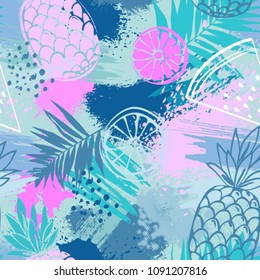 Fashion tropics funny wallpapers. Seamless pattern with pineapples, watermelon and oranges on pastel background. Summer fruits illustration. Fruit mix design for fabric and decor.