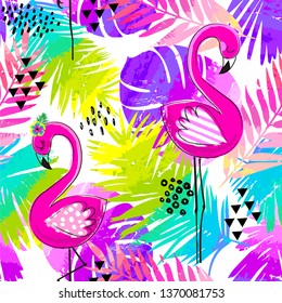 Fashion tropics funny wallpapers. Seamless pattern with leaf and flamingo on white background