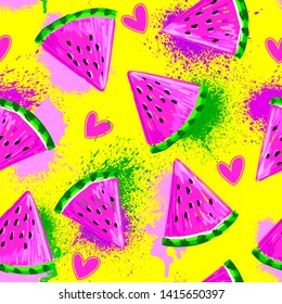 Fashion tropics funny wallpapers. Seamless pattern with watermelon on yellow background. Bright summer fruits illustration. Fruit design for fabric and decor. 