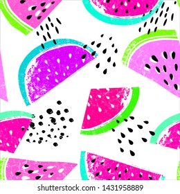 Fashion tropics funny wallpapers. Seamless pattern with watermelon on white background. Bright summer fruits illustration. Fruit design for fabric