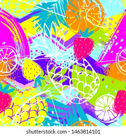 Fashion tropics funny wallpapers. Seamless pattern with pineapples, strawberries and oranges on colorful background. Bright summer fruits illustration. Fruit mix design for fabric and decor