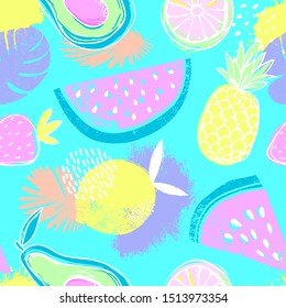 Fashion tropics funny wallpapers. Seamless pattern with watermelon, strawberries and oranges on blue background. Bright summer fruits illustration. Fruit mix design for fabric and decor