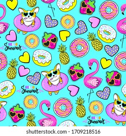 Fashion tropics funny wallpapers. Seamless pattern with pineapples, strawberries, hearts, flamingo and corgi on blue background. Bright summer funny design for fabric and decor