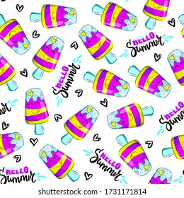 Fashion tropics funny wallpapers. Seamless pattern with Ice cream on white background. Bright summer illustration. Design for fabric
